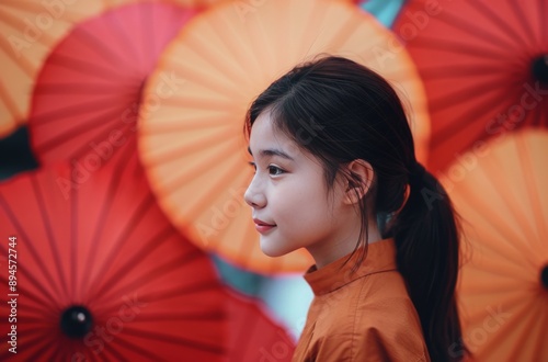 Woman in Red Kimono With Umbrellas