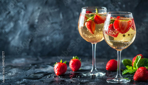 Alcoholic cocktail with white wine and strawberries