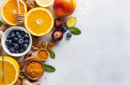 Citrus Fruit, Honey, Ginger, and Blueberries on White Background