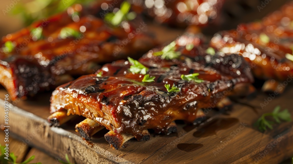 Mouthwatering barbecue ribs with a thick glaze, served on a wooden board and garnished with fresh herbs, showcasing the perfect balance of flavors and textures. Mouthwatering barbecue ribs with a thick glaze, served on a wooden board and garnished with fresh herbs, showcasing the perfect balance of flavors and textures.