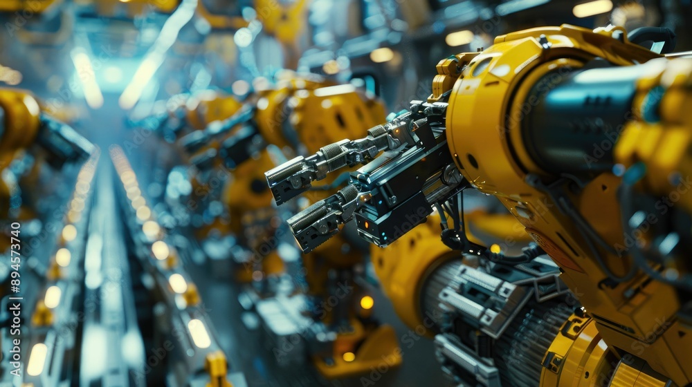 Robotic arm assembling parts in a high-tech factory Robotic arm assembling parts in a high-tech factory