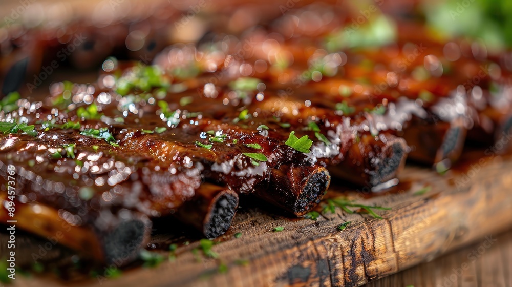 Close-up of succulent barbecue ribs with a shiny glaze, garnished with fresh herbs and served on a rustic wooden board, showcasing their mouthwatering appeal. Close-up of succulent barbecue ribs with a shiny glaze, garnished with fresh herbs and served on a rustic wooden board, showcasing their mouthwatering appeal.