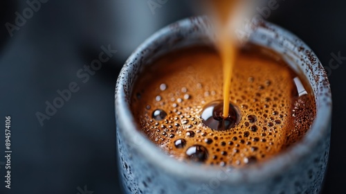 This image captures the moment hot coffee is being poured into a modern, beautifully designed ceramic cup, highlighting the rich foam and texture of the freshly brewed drink. photo