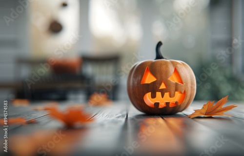 Lit Jack-O-Lantern on Table