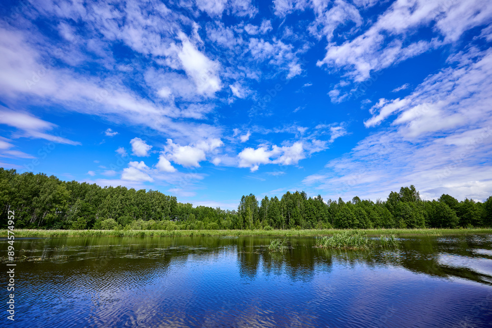 Fototapeta premium Beautiful summer river at sunny day with clouds reflection in the water