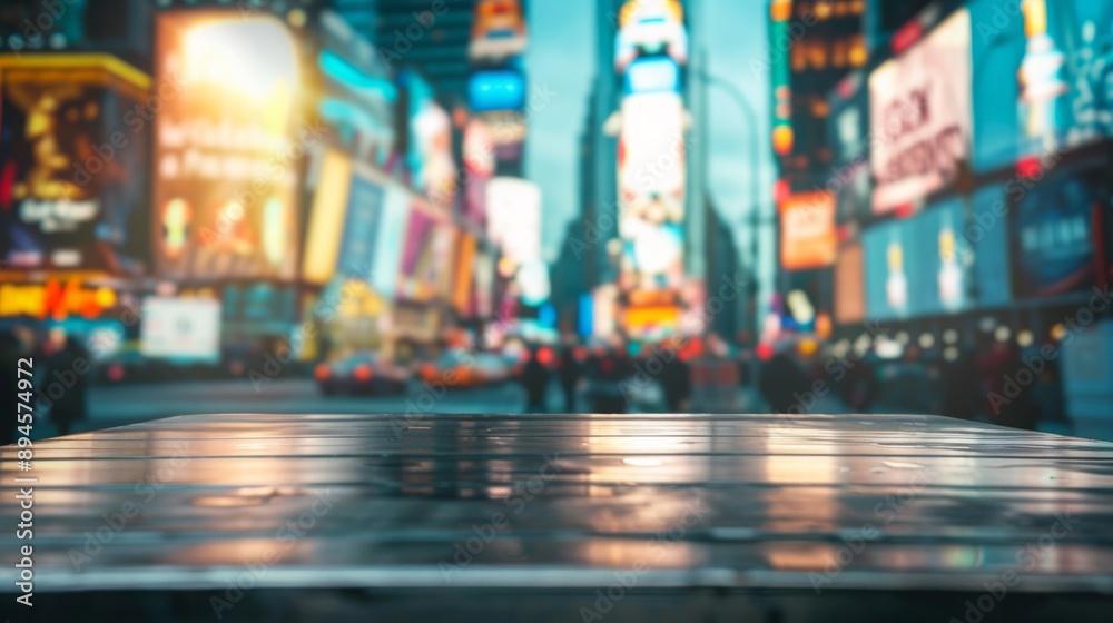 A close-up view of a sleek, wet tabletop with Times Square in the blurry background. A close-up view of a sleek, wet tabletop with Times Square in the blurry background.