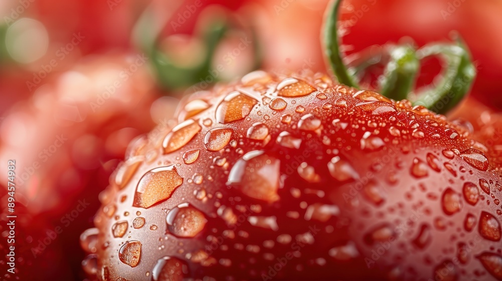 High-resolution macro photograph showcasing fresh tomatoes covered in glistening water droplets, emphasizing their natural juiciness, vibrant color, and appeal. High-resolution macro photograph showcasing fresh tomatoes covered in glistening water droplets, emphasizing their natural juiciness, vibrant color, and appeal.
