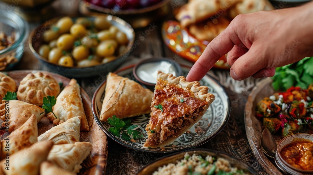 Close-up of a Hand Reaching for a Savory Pastry on a Table Spread with Various Dishes Close-up of a Hand Reaching for a Savory Pastry on a Table Spread with Various Dishes