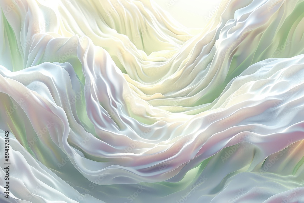 The image depicts a flowing, ethereal landscape of fabric-like waves in soft pastel hues. The image depicts a flowing, ethereal landscape of fabric-like waves in soft pastel hues.