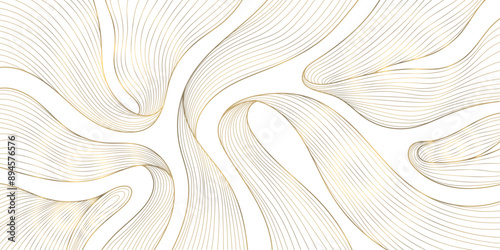 Vector gold on white line wave background, premium wave ribbons illustration. Abstract curve graphic shapes, elegant geometric dynamic template.