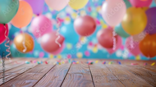 A wooden floor with colorful balloons and confetti scattered in the background, creating a festive atmosphere. photo