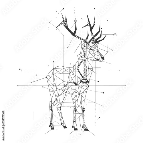 geometric deer stands within a network of lines