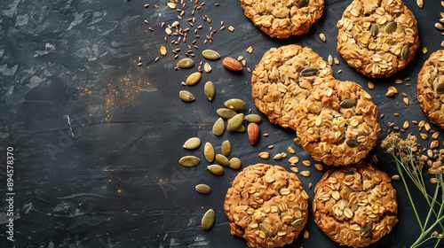 Create a top view flat lay image of oatmeal cookies featuring flax, pumpkin, and sunflower seeds. Emphasize the full depth of field to capture the texture and details of the cookies. The image should  photo