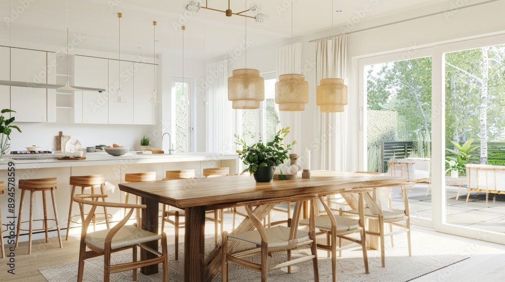 A bright, roomy dining space with Scandinavian decor, featuring a wooden table, chic chairs, and elegant pendant lights. A bright, roomy dining space with Scandinavian decor, featuring a wooden table, chic chairs, and elegant pendant lights.