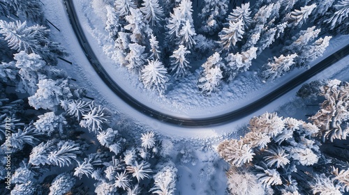 Create an overhead view of a road winding through a snow-covered forest landscape in the far north of Canada. Emphasize the stark beauty of the winter scenery with a focus on the contrast between the  photo