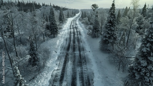 Create an overhead view of a road winding through a snow-covered forest landscape in the far north of Canada. Emphasize the stark beauty of the winter scenery with a focus on the contrast between the  photo