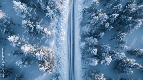 Create an overhead view of a road winding through a snow-covered forest landscape in the far north of Canada. Emphasize the stark beauty of the winter scenery with a focus on the contrast between the  photo