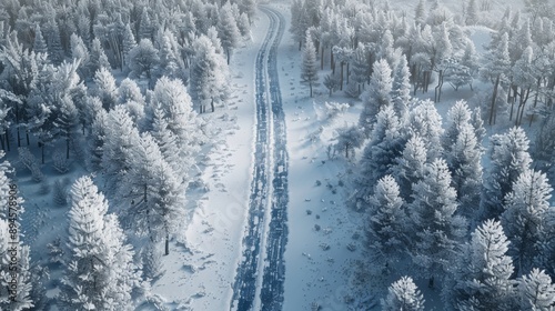 Create an overhead view of a road winding through a snow-covered forest landscape in the far north of Canada. Emphasize the stark beauty of the winter scenery with a focus on the contrast between the  photo