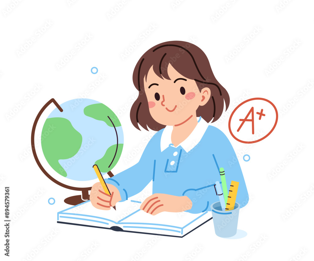Education concept. School girl character learning geography subject, sitting at desk, writing and doing homework. Vector illustration. Education concept. School girl character learning geography subject, sitting at desk, writing and doing homework. Vector illustration.