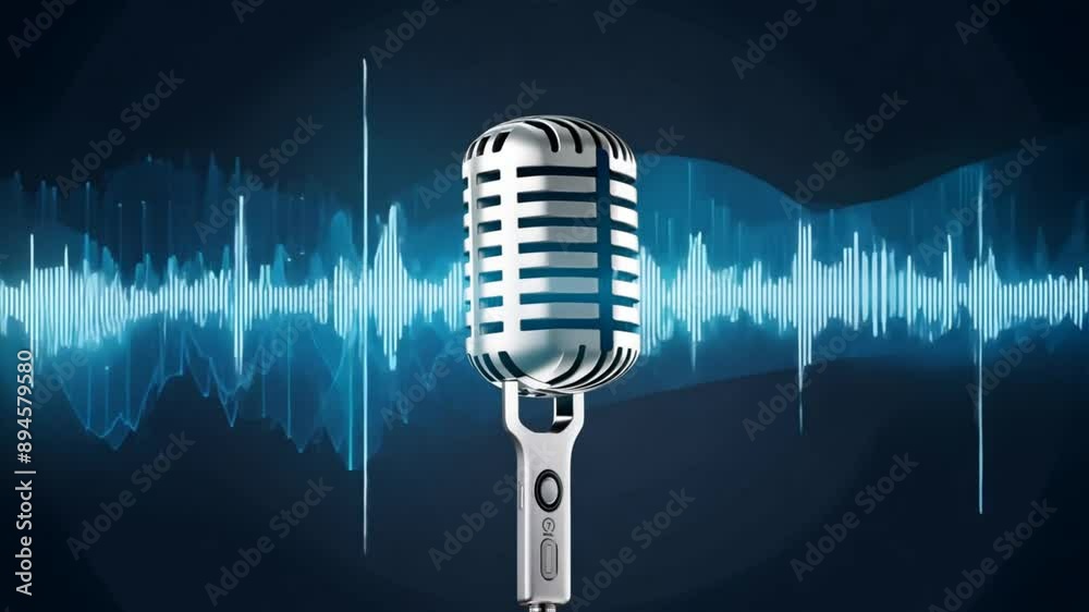 Vintage microphone on stage with retro chrome finish and white background