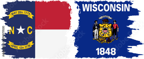 Wisconsin and North Carolina states grunge brush flags connection, vector