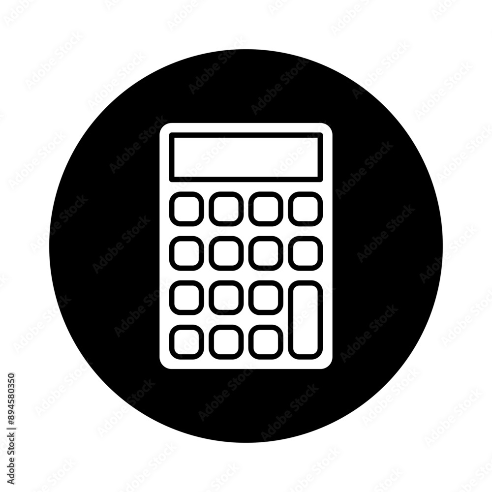 Vector icon of a white symbol calculator, on a black circle background. Vector icon of a white symbol calculator, on a black circle background.