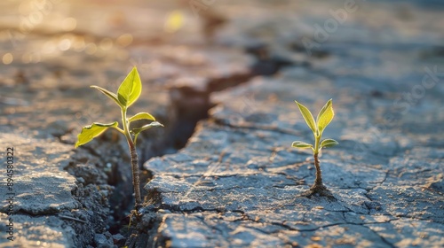 Capture the scene of small trees blooming through the cracks of a concrete road in the morning light. Emphasize the contrast between the resilience of nature and the harshness of the urban environment photo