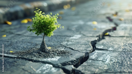 Capture the scene of small trees blooming through the cracks of a concrete road in the morning light. Emphasize the contrast between the resilience of nature and the harshness of the urban environment photo