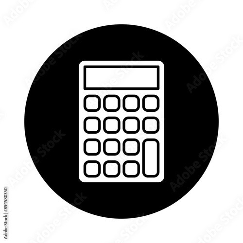 Vector icon of a white symbol calculator, on a black circle background.