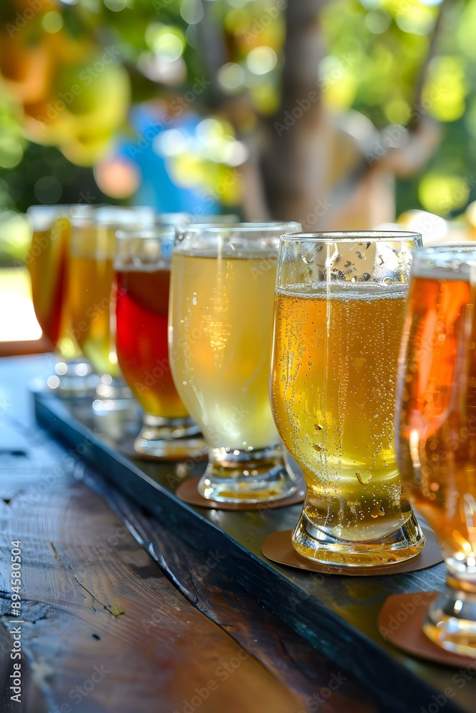 Close Up of a Flight of Ciders on a Wooden Table Close Up of a Flight of Ciders on a Wooden Table