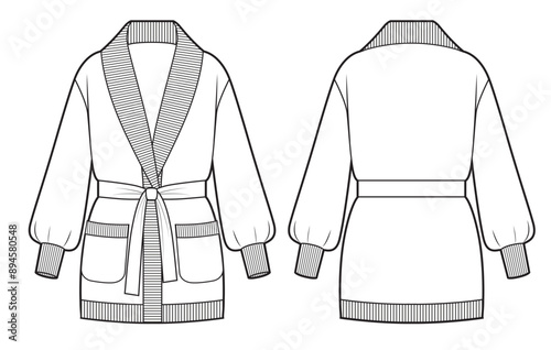 Women's belted cardigan fashion illustration.