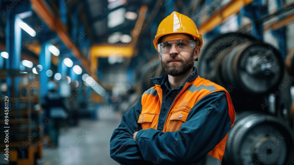 Confident factory worker wearing a hard hat and safety gear, standing with arms crossed in an industrial setting. Confident factory worker wearing a hard hat and safety gear, standing with arms crossed in an industrial setting.