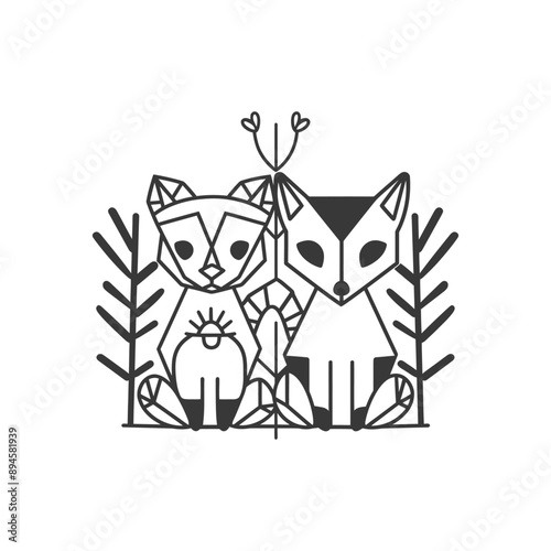 Geometric fox and raccoon friends in the forest