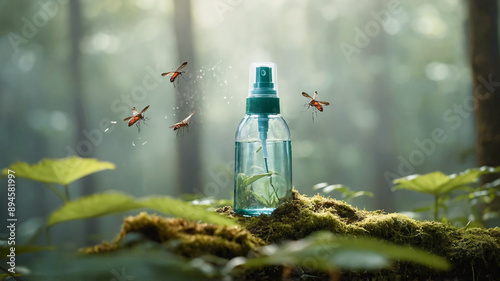 Mosquito repellent spray, close up. Bottle of protective insect repellent on green tropical jungle background with flying mosquitos
