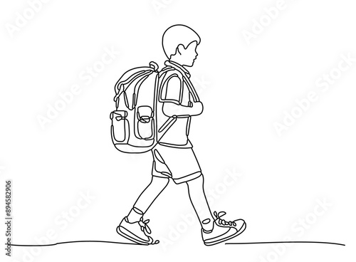 Continuous one-line drawing of a boy walking with a backpack a School kid walking back to school idea greeting card illustration