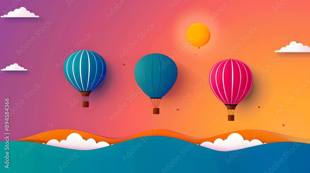 Obraz premium Hot air balloons flat design top view sky theme water color vivid