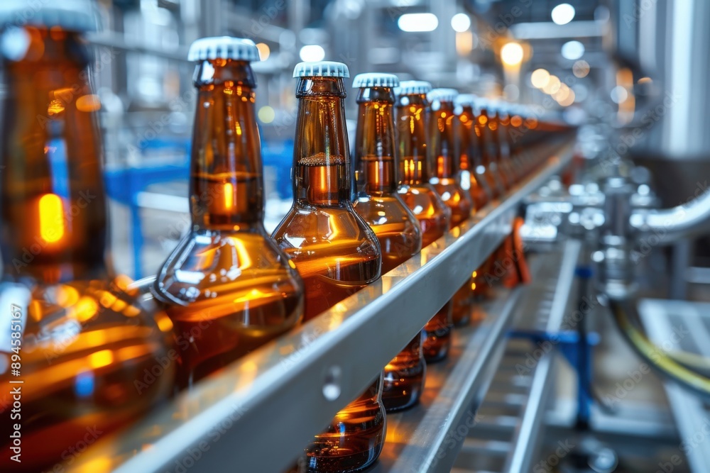 A close-up view of a conveyor belt filled with brown glass bottles moving through a modern bottling facility A close-up view of a conveyor belt filled with brown glass bottles moving through a modern bottling facility