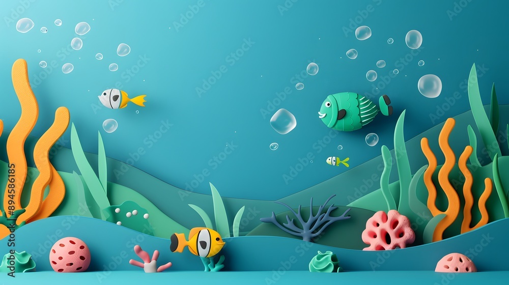Underwater world flat design front view sea life theme 3D render Complementary Color Scheme Underwater world flat design front view sea life theme 3D render Complementary Color Scheme