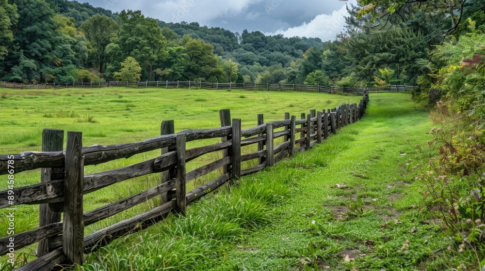 Rustic wooden fence bordering a lush, green field Rustic wooden fence bordering a lush, green field