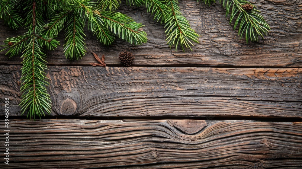 View from top of aged wooden surface with green spruce branch View from top of aged wooden surface with green spruce branch
