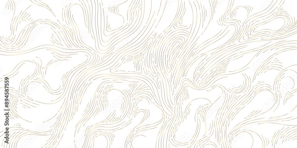 Luxury line background, gold wavy art texture. Organic wood, hair illustration, curve elegant graphic. Flow template, swirl graphic. 