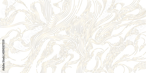 Luxury line background, gold wavy art texture. Organic wood, hair illustration, curve elegant graphic. Flow template, swirl graphic. 