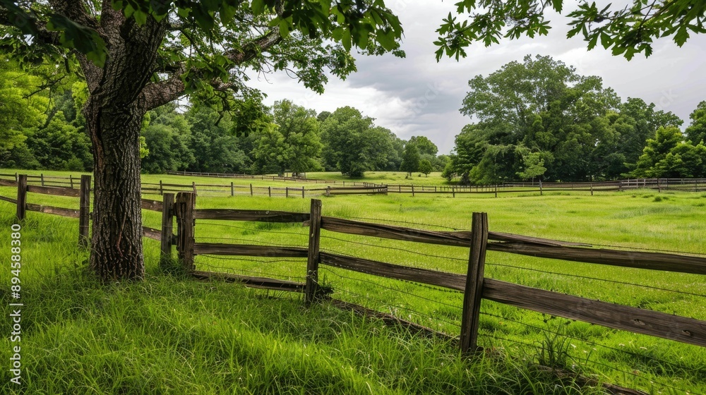 Rustic wooden fence bordering a lush, green field Rustic wooden fence bordering a lush, green field