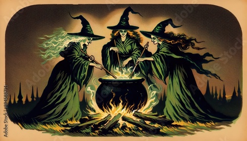 Three witches in long green robes and pointed hats brew a potion in a cauldron over a blazing fire..Concept: Vintage Halloween, spooky illustration, magical enchantment.