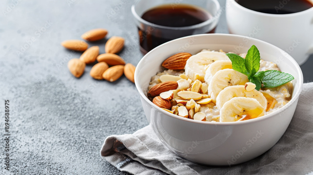 Healthy breakfast bowl with oatmeal, sliced bananas, almonds, and honey, accompanied by coffee and a gray textured background