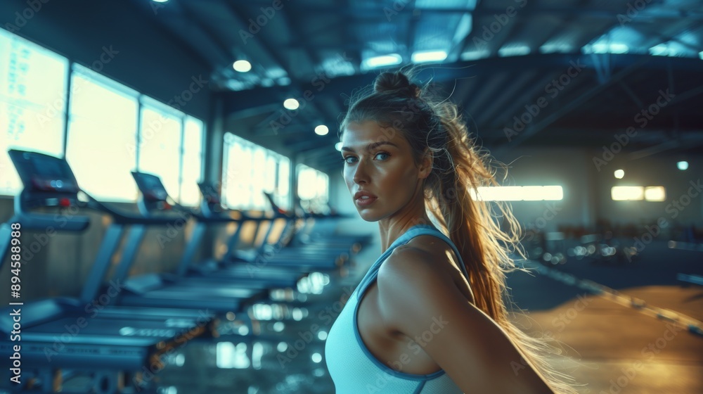 Fototapeta premium Athletic Woman in Modern Gym with Treadmills and Natural Light, Focused on Fitness and Health