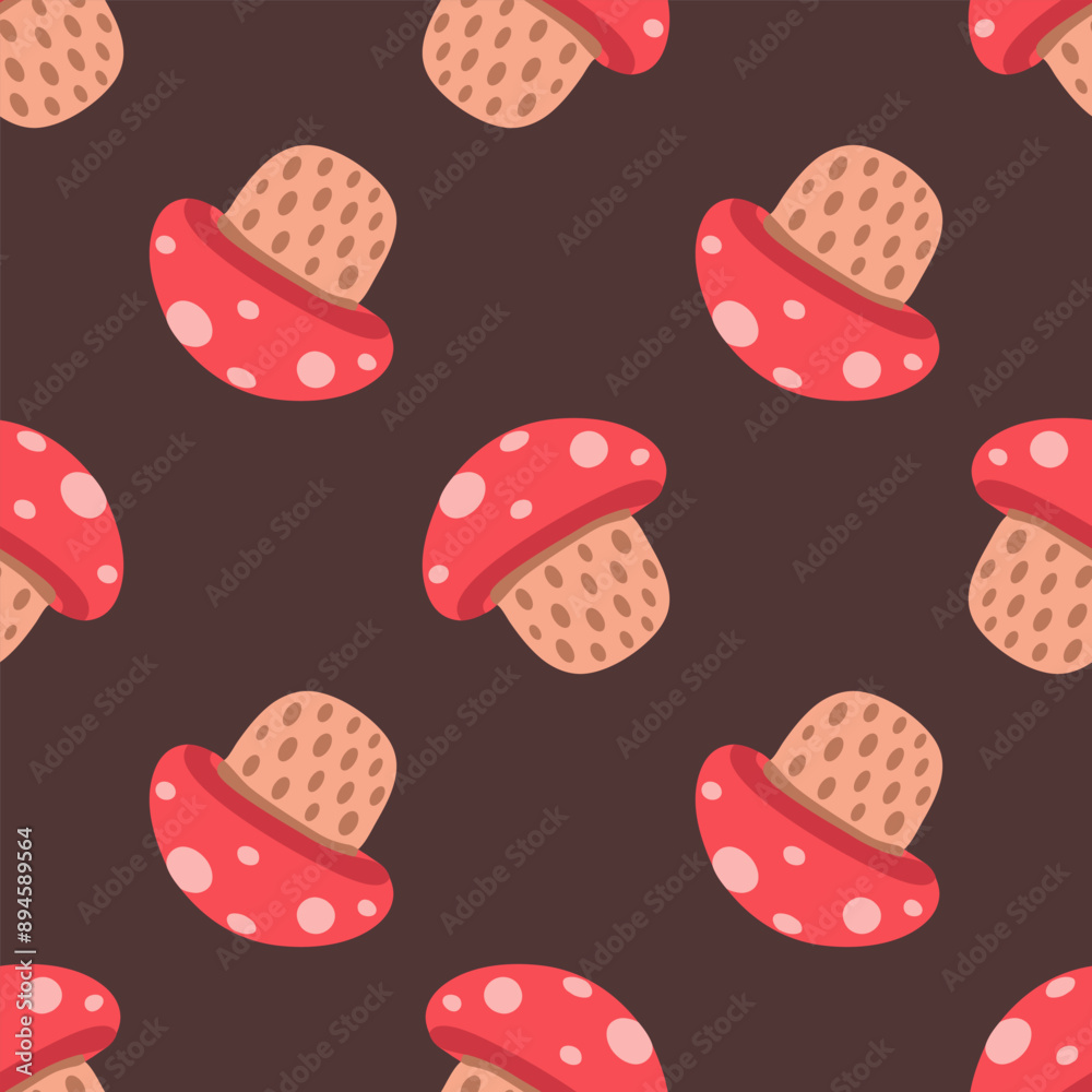 Poisonous mushrooms seamless pattern. Amanita muscaria. Fly agarics red mushrooms on dark background. Fall and Halloween design for fabric, textile, prints. Vector illustration. Poisonous mushrooms seamless pattern. Amanita muscaria. Fly agarics red mushrooms on dark background. Fall and Halloween design for fabric, textile, prints. Vector illustration.