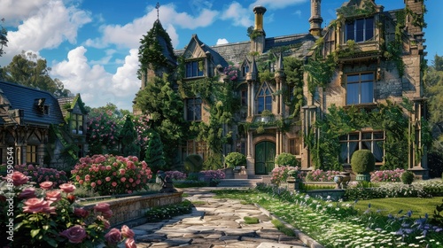 Fototapeta Naklejka Na Ścianę i Meble -  A charming English manor with ivy-covered walls, a rose garden, and a stone pathway leading to a grand entrance.