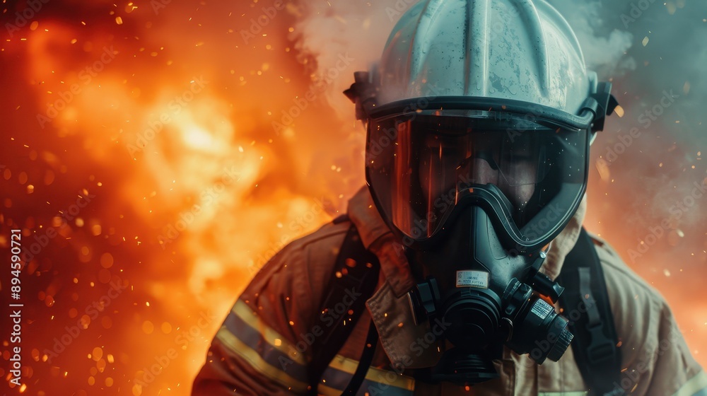A firefighter wearing a protective mask and helmet actively battling a blazing inferno, with intense flames and smoke swirling in the background, showcasing bravery and determination. A firefighter wearing a protective mask and helmet actively battling a blazing inferno, with intense flames and smoke swirling in the background, showcasing bravery and determination.
