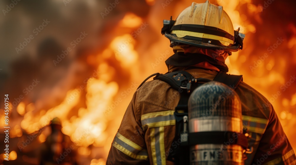A firefighter facing away from the camera stands in front of thick, raging flames, geared up with helmet, air tank, and protective clothing, symbolizing relentless bravery and heroism. A firefighter facing away from the camera stands in front of thick, raging flames, geared up with helmet, air tank, and protective clothing, symbolizing relentless bravery and heroism.